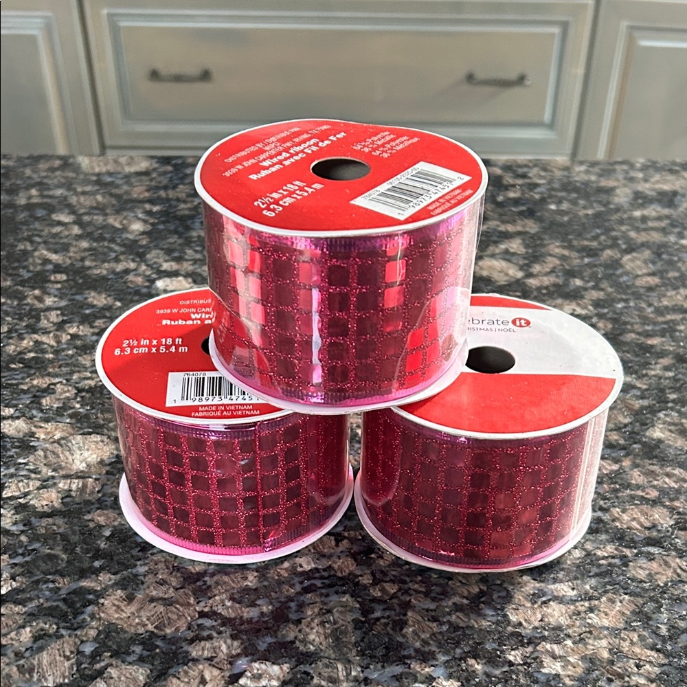 CELEBRATE IT 2.5 x18 FT WIRED SPARKLING HOT PINK GRID RIBBON LOT OF 3 NWT